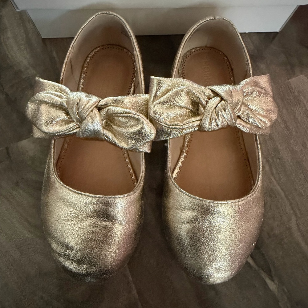 Nordstrom Girls Metallic Gold Bow Mary Jane Flats